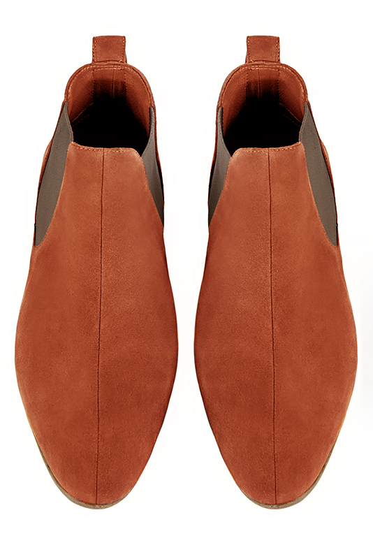 Terracotta orange and taupe brown dress ankle boots for men. Round toe. Flat leather soles. Top view - Florence KOOIJMAN
